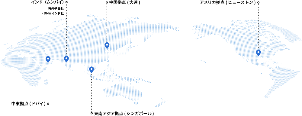 世界地図 インド（ムンバイ）海外子会社・DMWインド社 中国拠点（大連） アメリカ拠点（ヒューストン） 中東拠点（ドバイ） 東南アジア拠点（シンガポール）