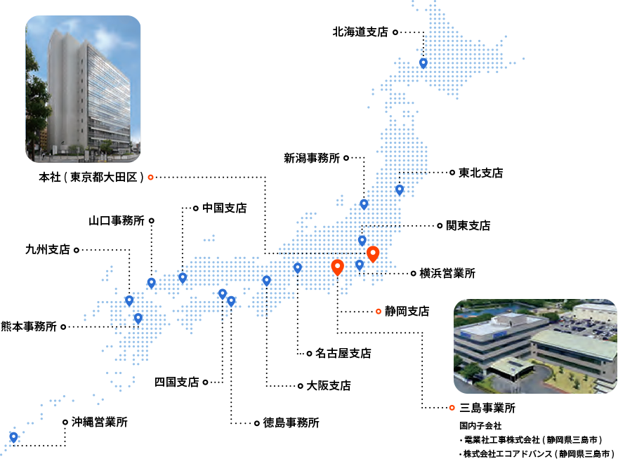 北海道支店、東北支店、新潟事務所、関東支店、本社（東京都大田区）、横浜営業所、静岡支店、三島事業所、国内子会社・電業社工事株式会社（静岡県三島市）・株式会社エコアドバンス（静岡県三島市）、名古屋支店、大阪支店、徳島事務所、四国支店、中国支店、山口事務所、九州支店、熊本事務所、沖縄営業所